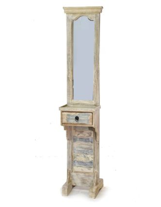 Zrkadlo v ráme na stojane, šuplík, antik teak, biela patina, 45x35x185cm