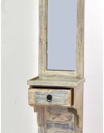 Zrkadlo v ráme na stojane, šuplík, antik teak, biela patina, 45x35x185cm