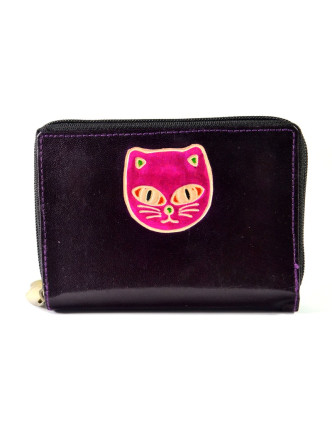 Peňaženka design "Cat &#39;s head", ručne maľovaná koža, tmavo fialová, 15x10cm