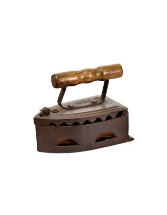 Malá antik žehlička z gujarati s drevenou rukoväťou, 20x11x16cm