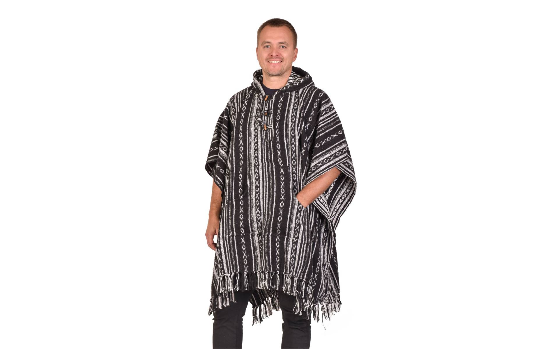 Tibetské pončo z česanej bavlny, vrecká, kapucňa, čierna-biela
