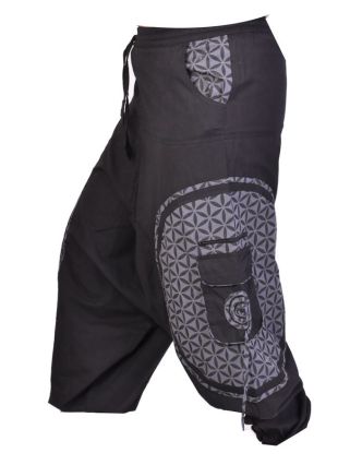 Unisex čierno-sivé turecké nohavice s vreckami a potlačou