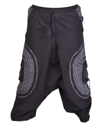 Unisex čierno-sivé turecké nohavice s vreckami a potlačou
