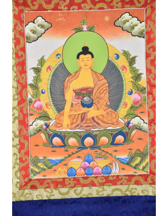 Tanka, Budha Shakiamuni, modrý brokát, 55x85cm