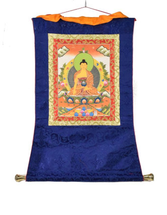 Tanka, Budha Shakiamuni, modrý brokát, 55x85cm