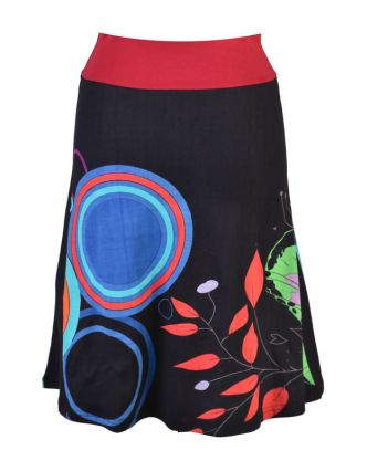 Čierna sukňa po kolená "Jamy" s farebnou potlačou, pružný pás