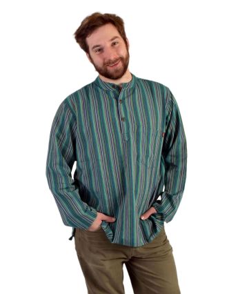 Pruhovaná pánska košeľa-kurta s dlhým rukávom a kapsičkou, zelená