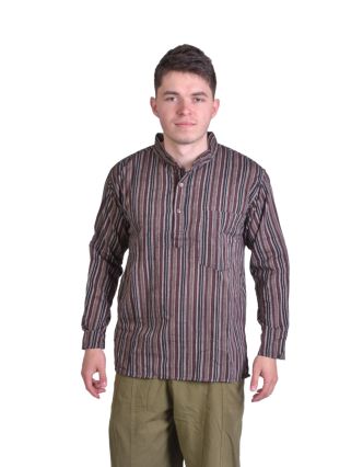 Pruhovaná pánska košeľa-kurta s dlhým rukávom a vreckom, hnedo čierna
