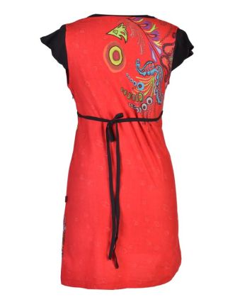 Červené šaty s krátkym rukávom a potlačou kvetín, šnúrka