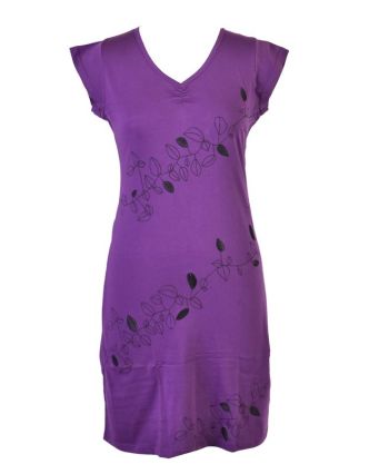 Krátke fialové šaty s krátkym rukávom a potlačou "Leaves design", V výstrih
