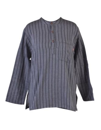 Pruhovaná pánska košeľa-kurta s dlhým rukávom a vreckom, šedo-čierna