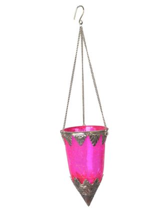 Závesný sklenený svietnik, ružová, kovové zdobenie, 8x14cm