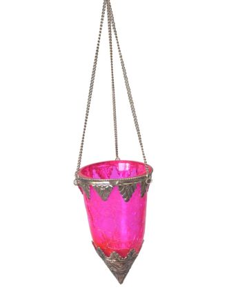 Závesný sklenený svietnik, ružová, kovové zdobenie, 8x14cm