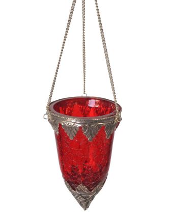 Závesný sklenený svietnik, červená, kovové zdobenie, 8x14cm
