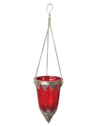 Závesný sklenený svietnik, červená, kovové zdobenie, 8x14cm