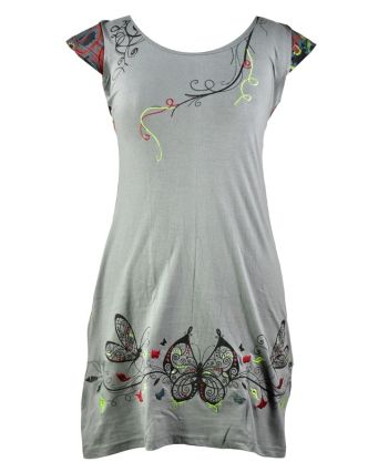 Šedé šaty s krátkym rukávom, "Butterfly" design, farebná potlač a výšivka