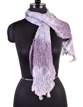 Luxusný hodvábny šál vo fialových tónoch, uzlíková batika, cca 150x50cm
