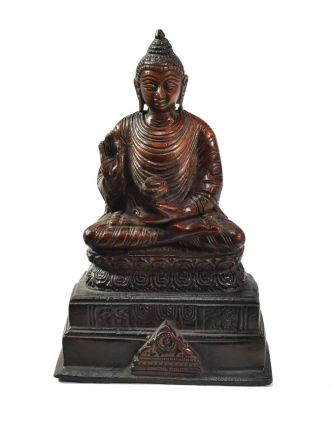 Budha Amóghasiddhi, na podstavci, antik patina, mosadzná soška, ​​18cm