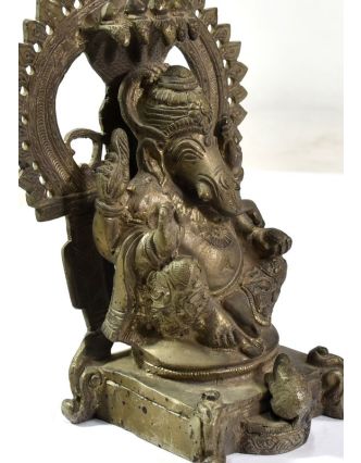 Ganéša, antik cínová patina, mosadzná, ručne tepaná socha, 20,5cm