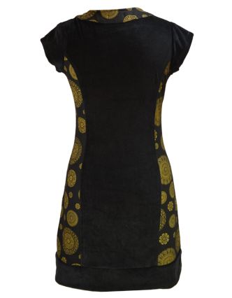 Krátke čierne zamatové šaty s krátkym rukávom a Chakra tlačou