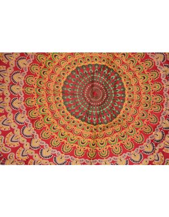 Sárong červený, Mandala pávie perie, 110x170cm, s ručnou tlačou