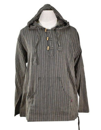 Pruhovaná hnedá pánska košeľa-kurta s dlhým rukávom a kapucňou