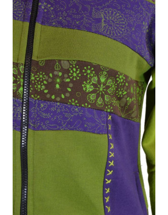 Dámska mikina s kapucňou, zelená, mix výtlačkov a výšivka, zips, vrecká