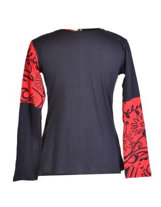 Čierno-červené tričko s krátkym rukávom a potlačou kvetín, výšivka, V výstrih