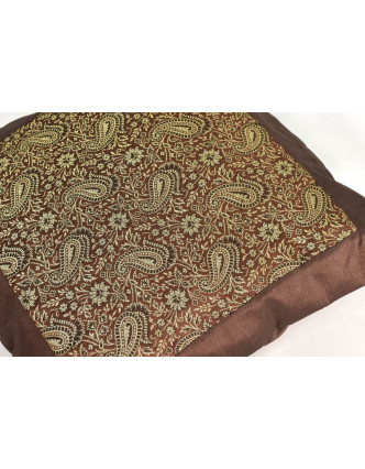 Hnedý saténový povlak na vankúš s výšivkou paisley, zips, 40x40cm