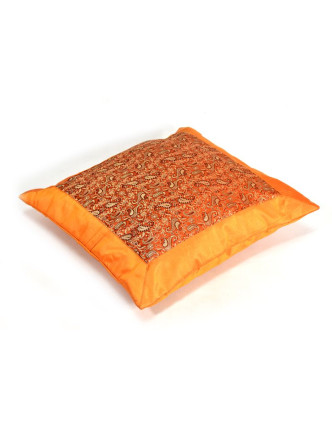 Oranžová saténová obliečka na vankúš s výšivkou paisley, zips, 40x40cm