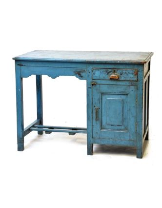 Starý písací stôl z teakového dreva, tyrkysová patina, 107x60x79cm