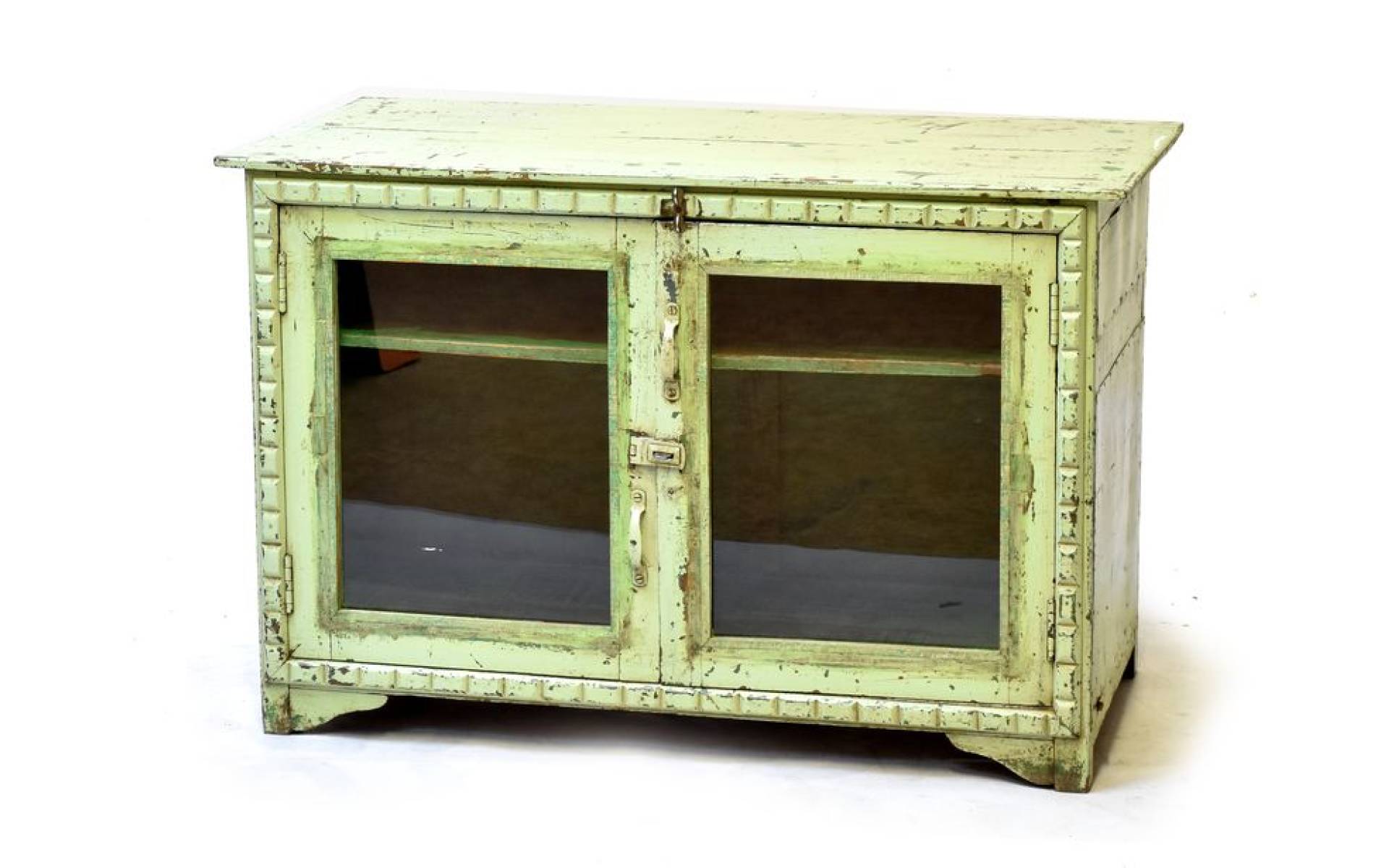 Presklená skrinka z antik teakového dreva, plechové boky, 98x46x66cm