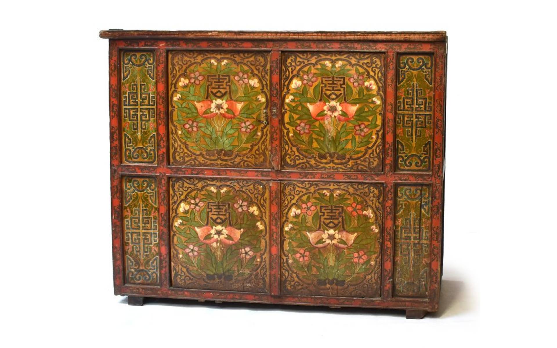 Ručne maľovaná drevená antik komoda z Tibetu, 173x70x141cm