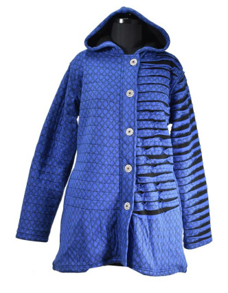 Modrá bunda s kapucňou, prestrihy, gombíky, vrecká