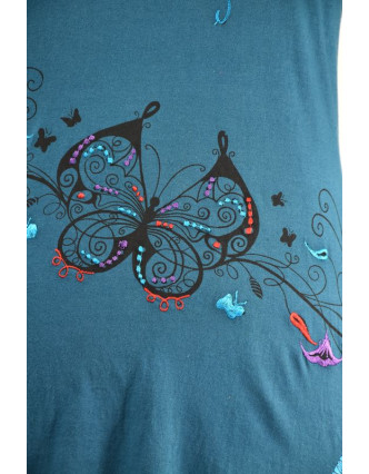 Krátke petrolejovej šaty s dlhým rukávom, Butterfly dizajn, výšivka