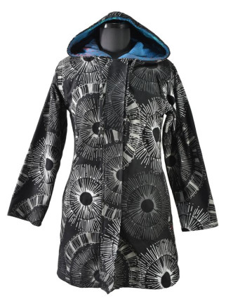 Čierno-sivý kabát s kapucňou zapínaný na zips, farebný mandala potlač