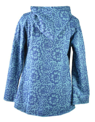 Modrý kabát s kapucňou zapínaný na gombík, vrecká, celopotlač