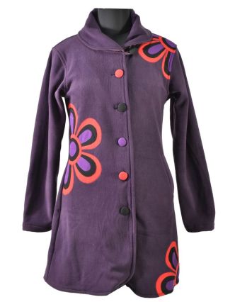 Slivkový fleecový kabát zapínaný na gombíky, farebný kvetinový design, vrecká