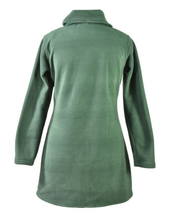 Zelený fleecový kabát zapínaný na gombíky, farebný kvetinový design, vrecká