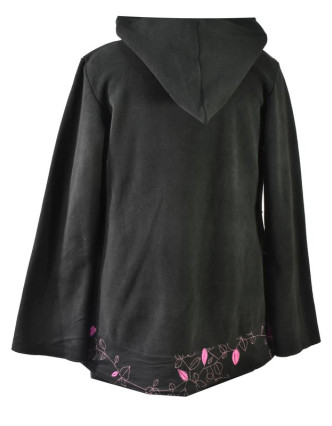 Čierno-ružový fleecový kabát s kapucňou zapínaný na gombík, leaves design, výšivka