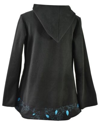 Čierno-tyrkysový fleecový kabát s kapucňou zapínaný na gombík, leaves dizajn, výšku