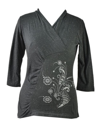 Čierne tričko s trojštvrťovým rukávom, kvetinový potlač, Natural dizajn
