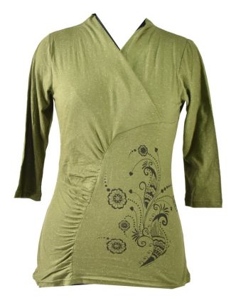 Zelené tričko s trojštvrťovým rukávom, kvetinový potlač, Natural dizajn