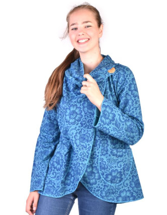 Modrý kabát s kapucňou zapínaný na gombík, vrecká, celopotlač