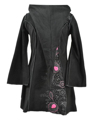 Čierno-ružový fleecový kabátik s dlhou kapucňou, zapínanie na zips