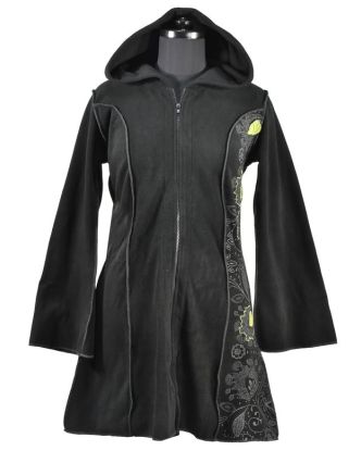 Čierno-zelený fleecový kabátik s dlhou kapucňou, zapínanie na zips