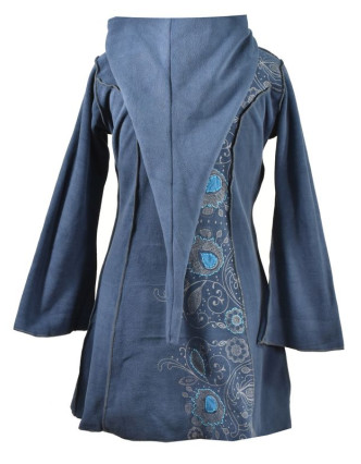 Modrý fleecový kabátik s dlhou kapucňou, zapínanie na zips