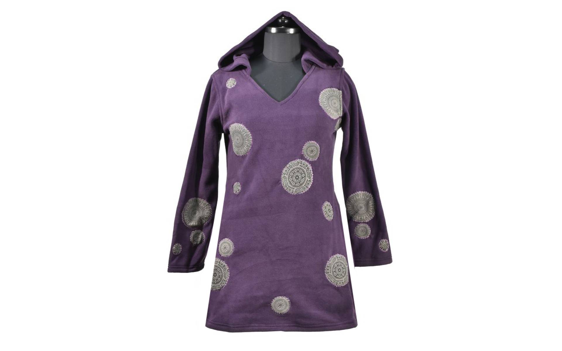 Slivkové mikinové šaty s kapucňou a farebnými aplikáciami, V výstrih