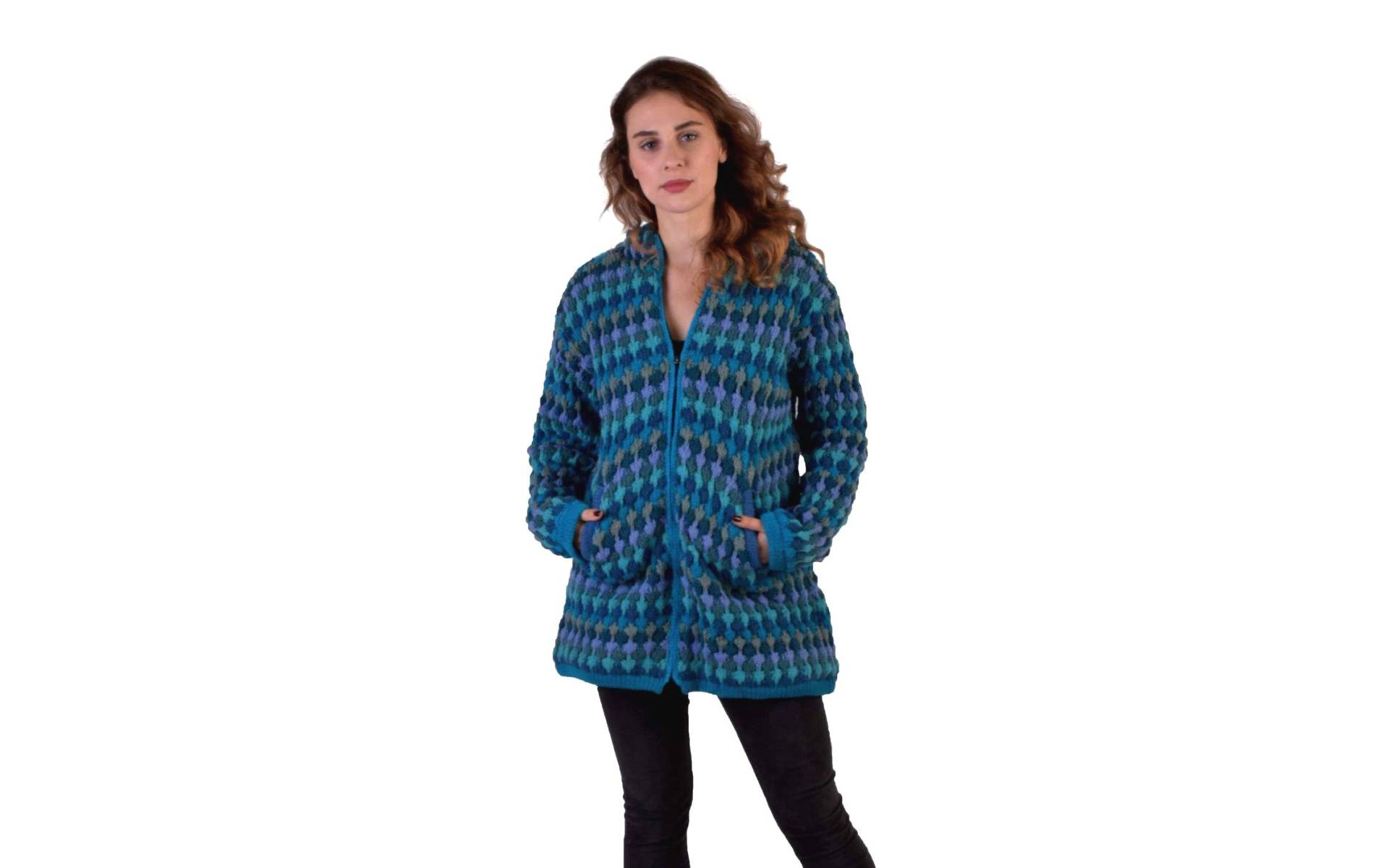 Predĺžený vlnený sveter s kapucňou a vreckami, tyrkysový