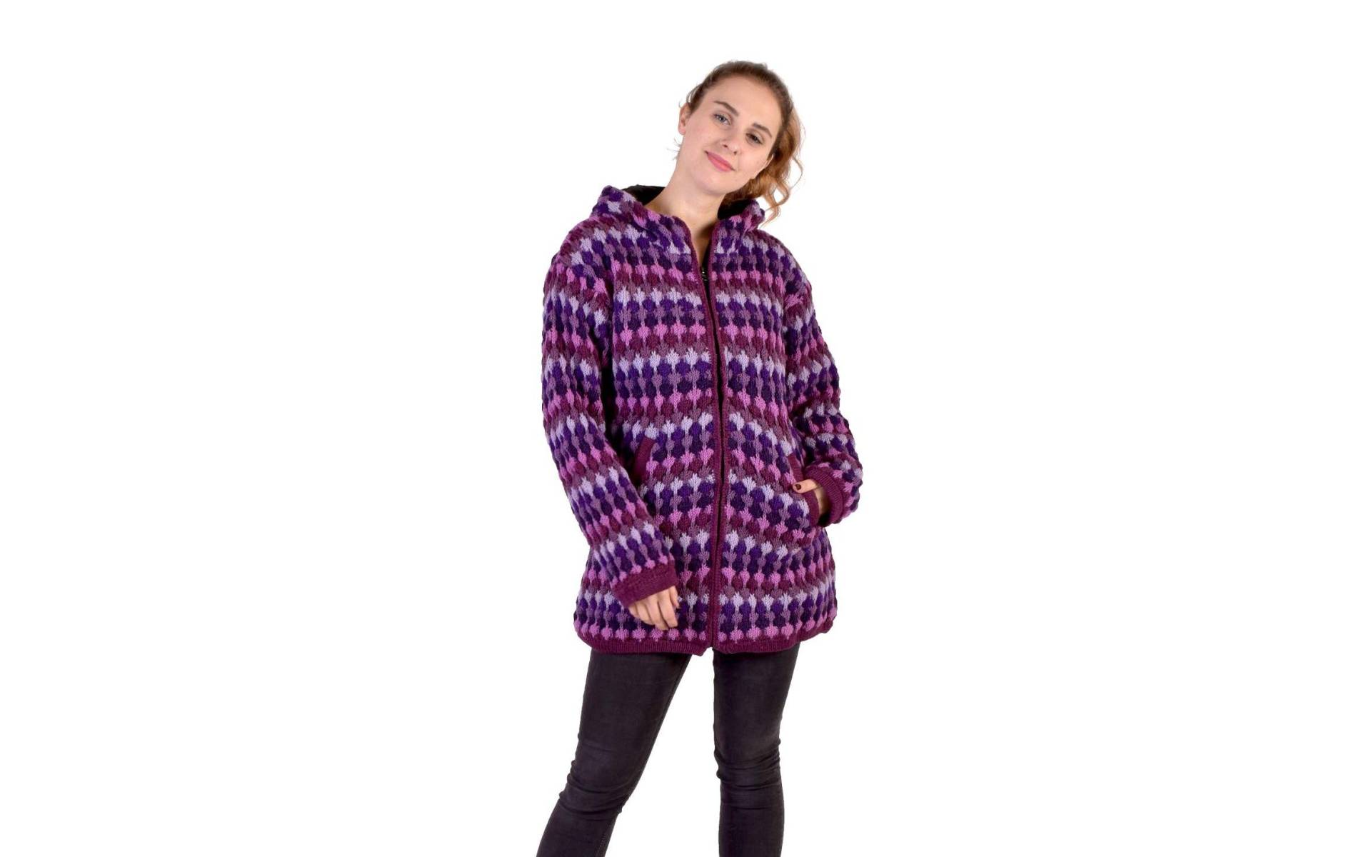 Predĺžený vlnený sveter s kapucňou a vreckami, fialový